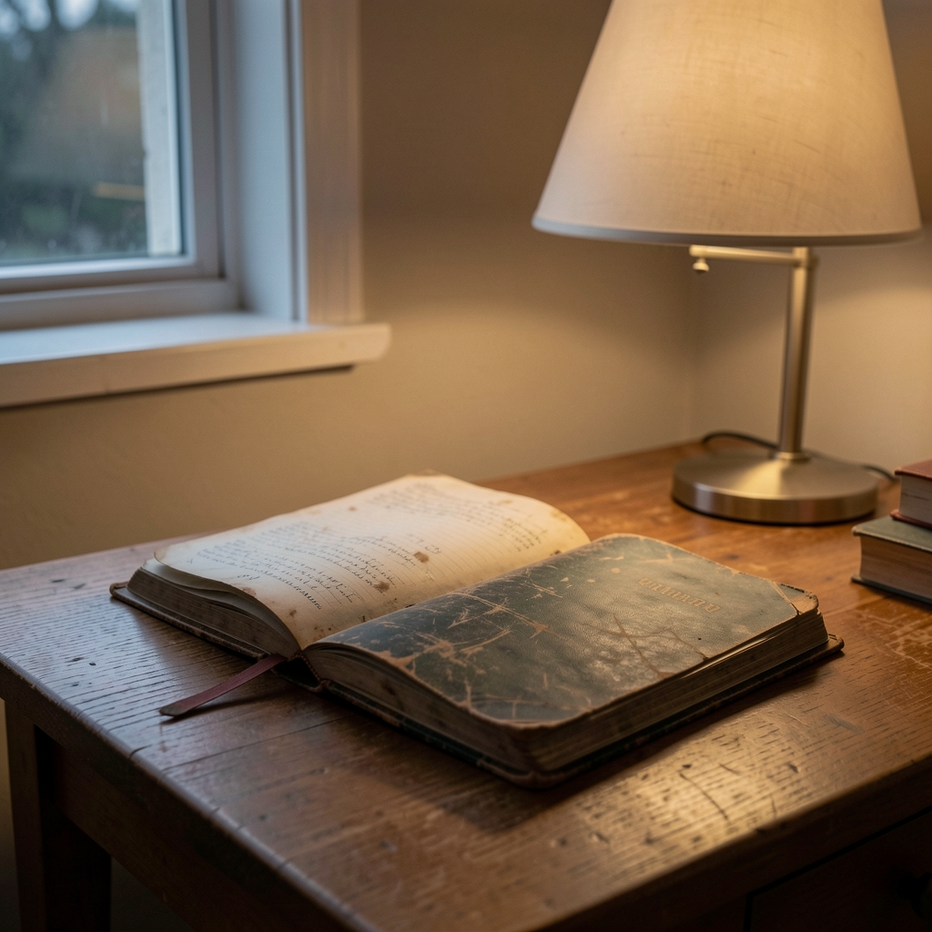 Close-up of a worn training journal open on a desk next to a dim bedside lamp, soft natural light from a nearby window, evening rest context