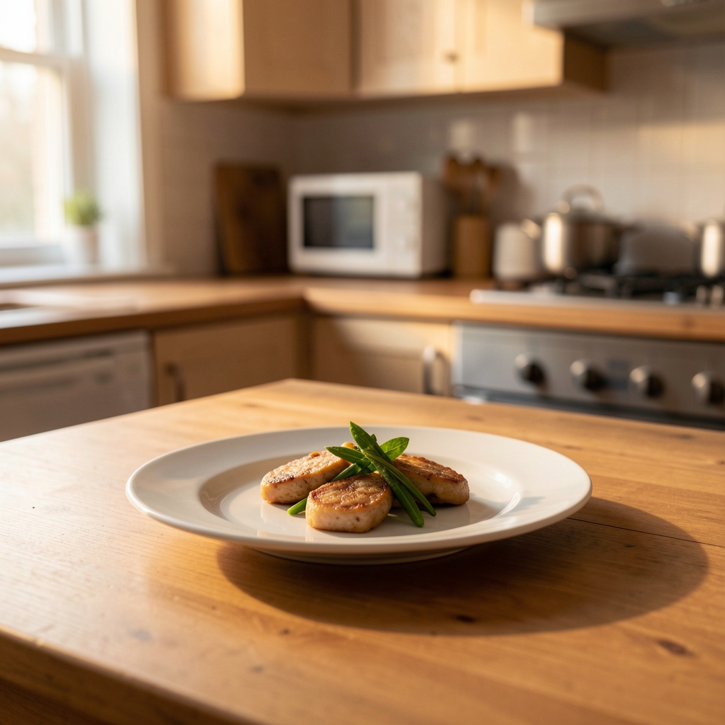 Simple dinner plate on a wooden table in soft warm evening light, minimal portion, no overhead lighting, calm kitchen atmosphere