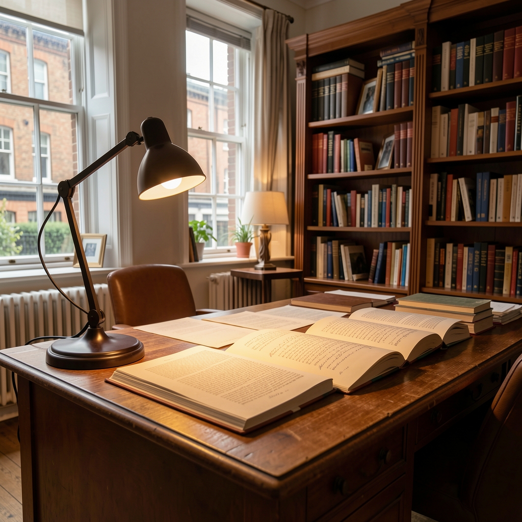 Ruldano Compendium editorial office interior, London, wooden desk with open books and annotated printed papers under warm task lighting